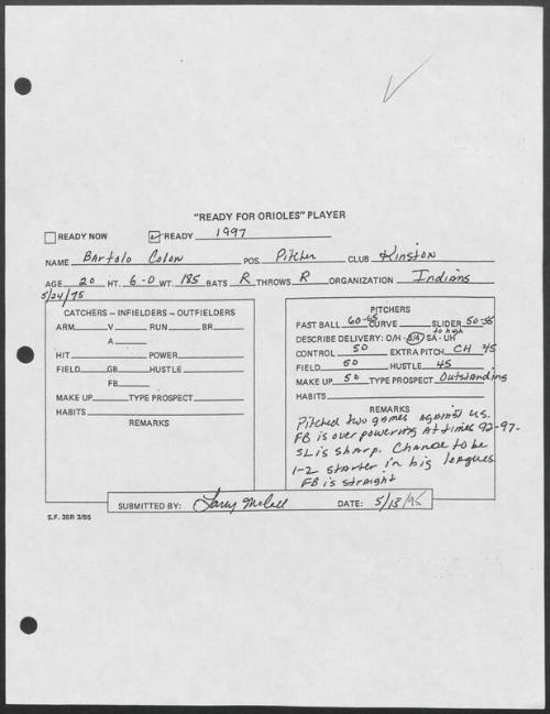 Bartolo Colon scouting report, 1995 May 13