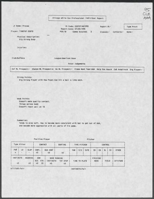 Tim Costo scouting report, 1995 July 09