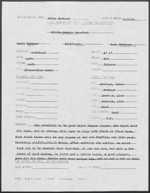 Willie Crawford scouting report, 1964 October 04