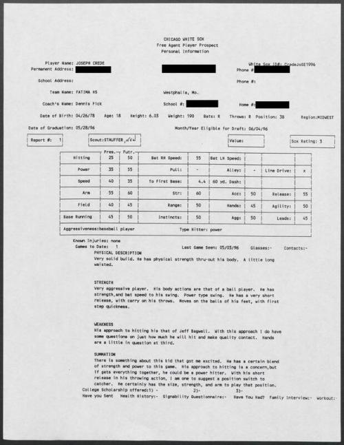 Joe Crede scouting report, 1996 May 03