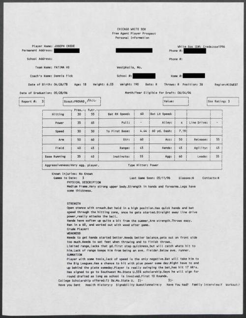 Joe Crede scouting report, 1996 May 11