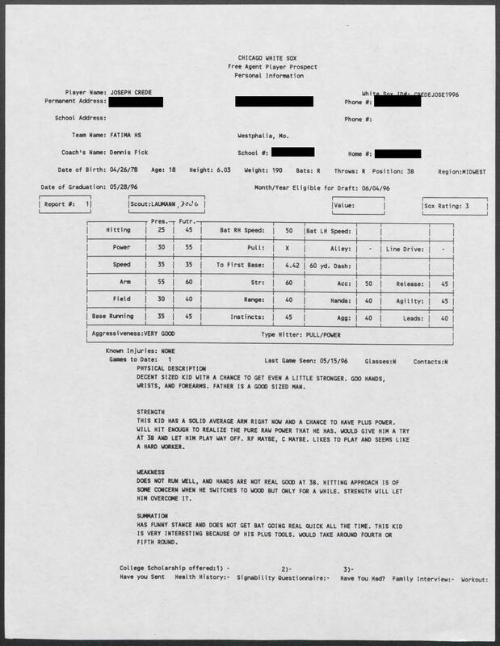 Joe Crede scouting report, 1996 May 15