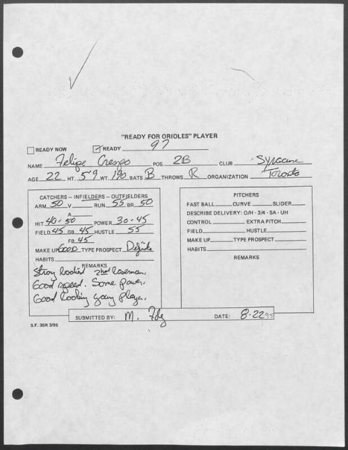 Felipe Crespo scouting report, 1995 August 22