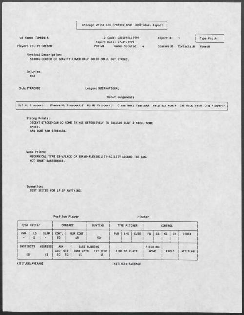 Felipe Crespo scouting report, 1995 July 21