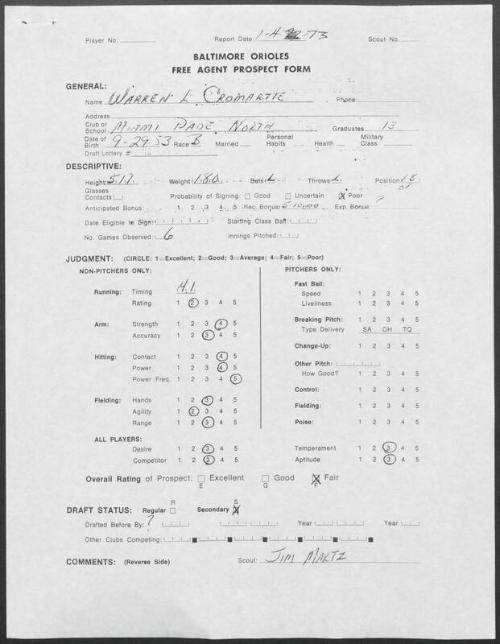 Warren Cromartie scouting report, 1973 January 04