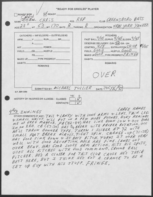 Chris Corn scouting report, 1995 July 16