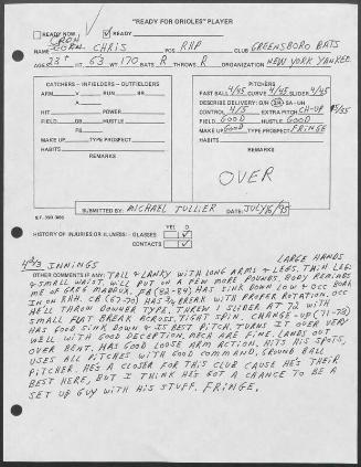 Chris Corn scouting report, 1995 July 16