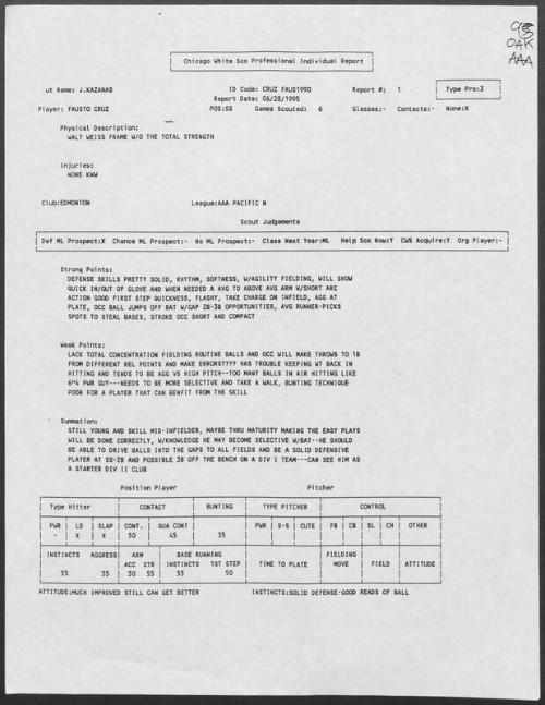 Fausto Cruz scouting report, 1995 June 28