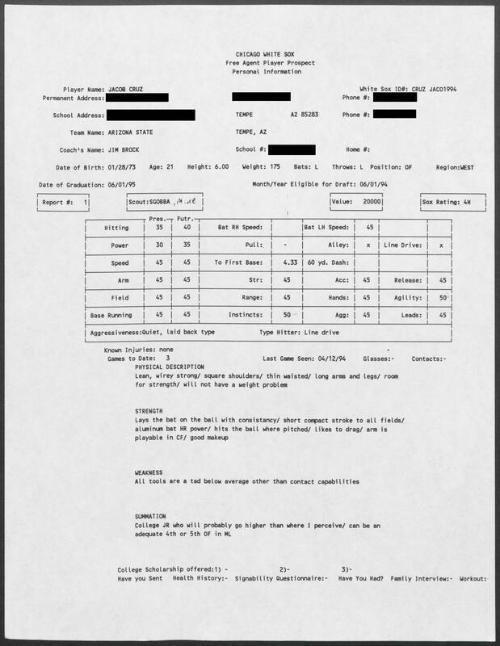 Jacob Cruz scouting report, 1994 April 12