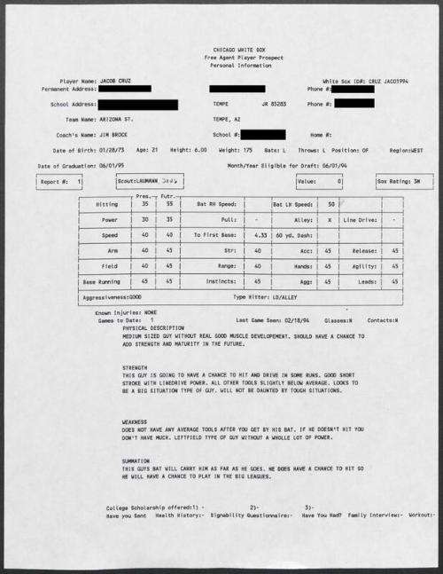 Jacob Cruz scouting report, 1994 February 18