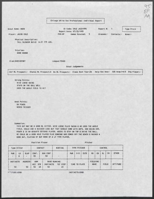 Jacob Cruz scouting report, 1995 July 13