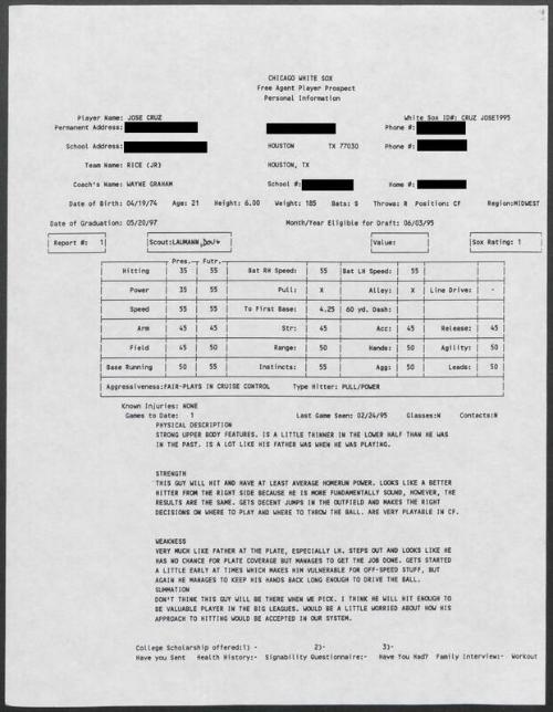 Jose Cruz scouting report, 1995 February 24