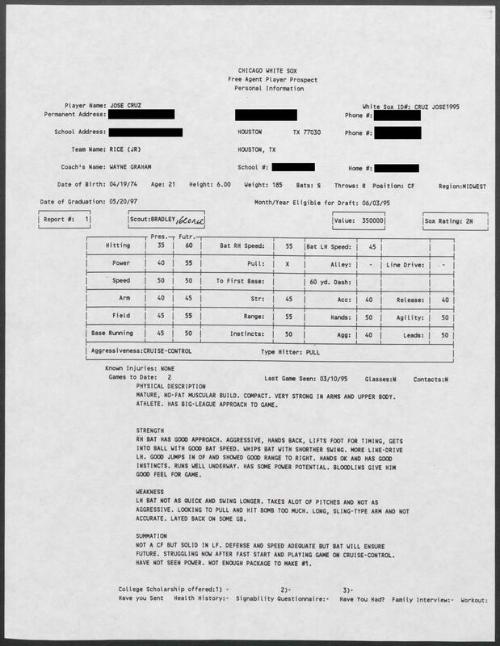 Jose Cruz scouting report, 1995 March 10