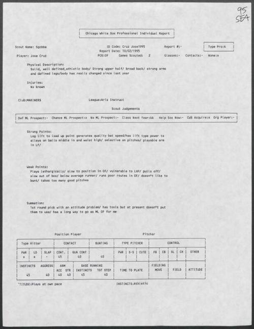 Jose Cruz scouting report, 1995 October 02