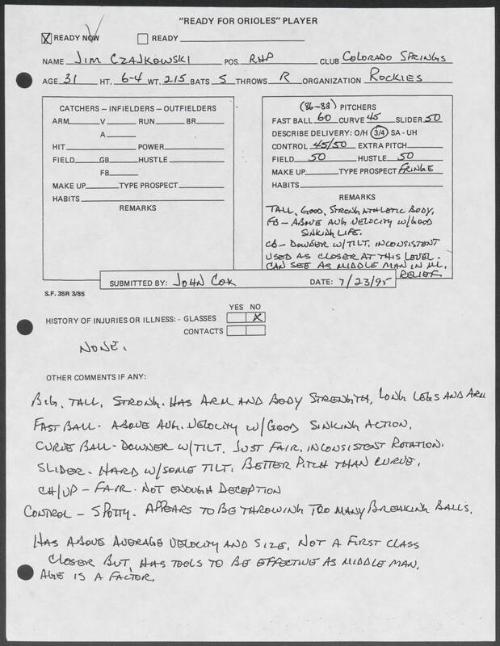 Jim Czajkowski scouting report, 1995 July 23