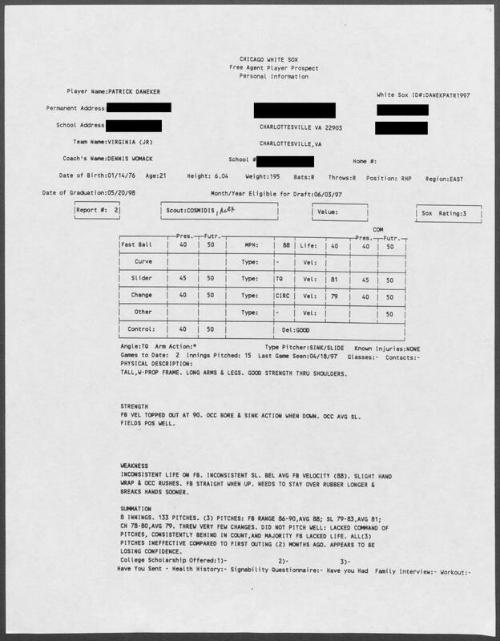 Pat Daneker scouting report, 1997 April 18