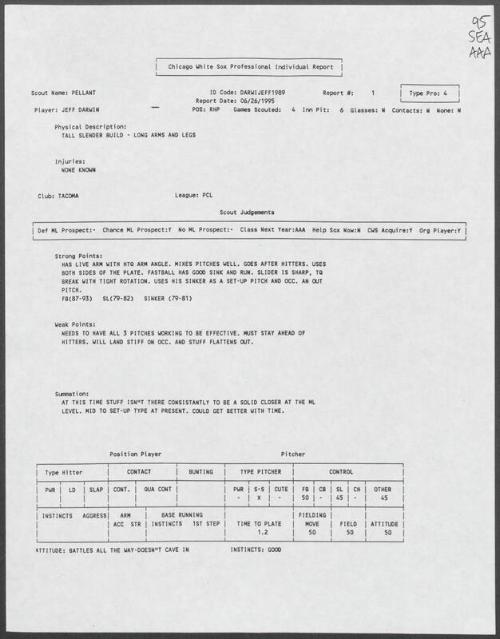 Jeff Darwin scouting report, 1995 June 26