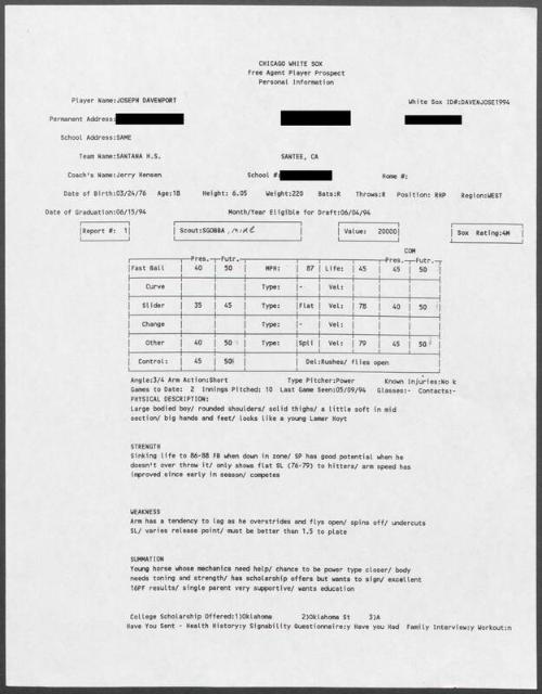 Joe Davenport scouting report, 1994 May 09