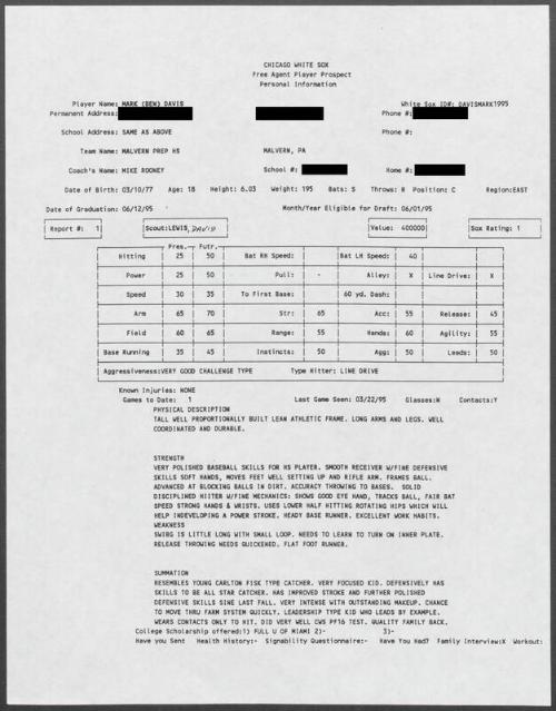 Ben Davis scouting report, 1995 March 22