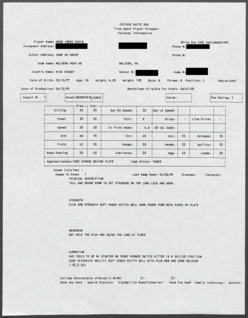 Ben Davis scouting report, 1995 April 06