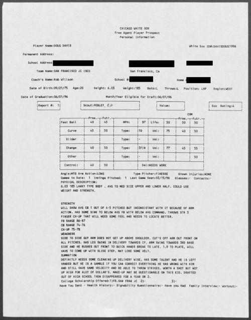 Doug Davis scouting report, 1996 March 15