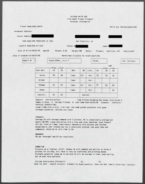 Doug Davis scouting report, 1996 February 24