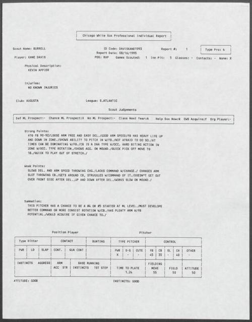 Kane Davis scouting report, 1995 August 16