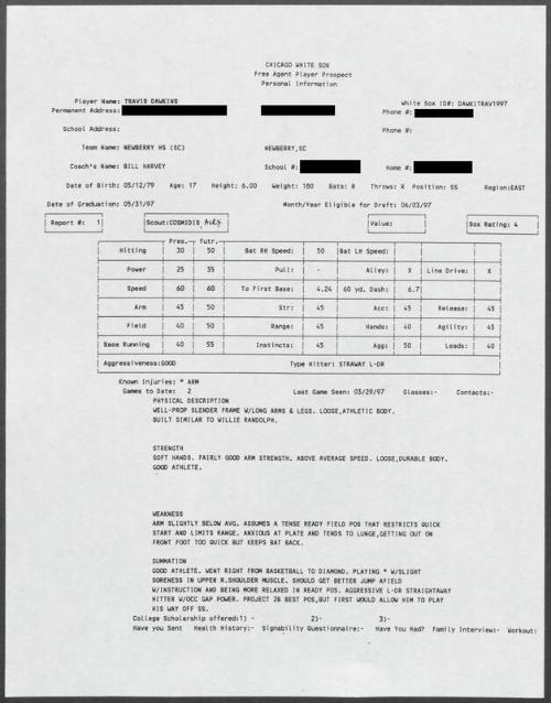 Travis Dawkins scouting report, 1997 March 29