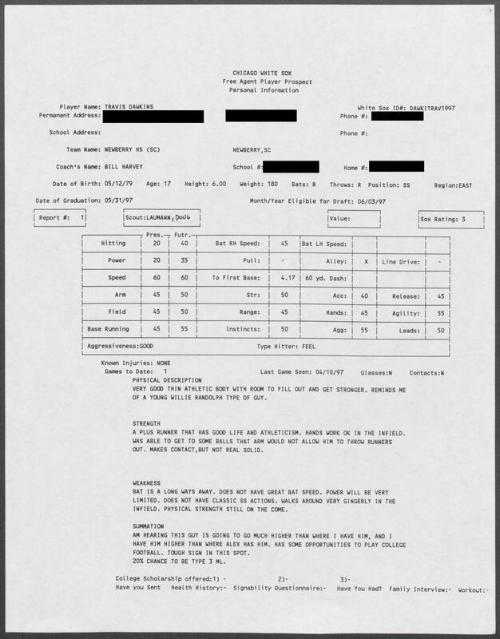 Travis Dawkins scouting report, 1997 April 10