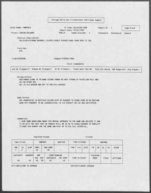 Carlos Delgado scouting report, 1995 July 21