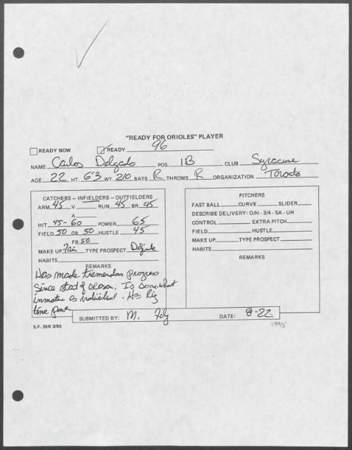 Carlos Delgado scouting report, 1995 August 22