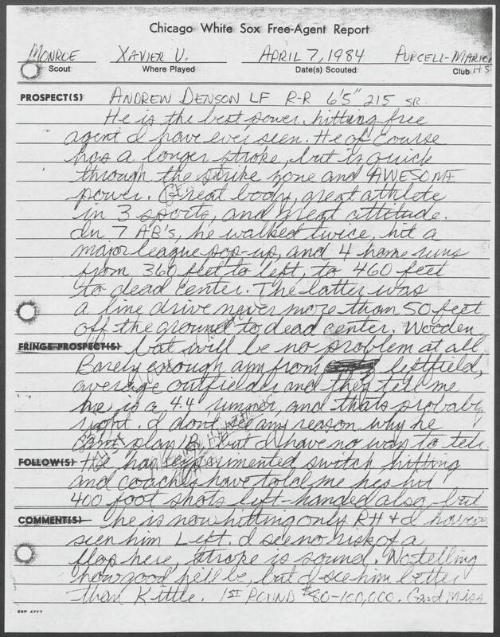 Drew Denson scouting report, 1984 April 07