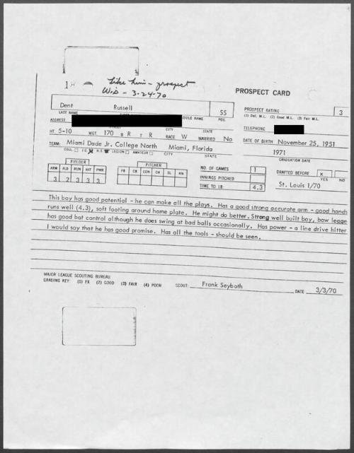 Bucky Dent scouting report, 1970 March 03