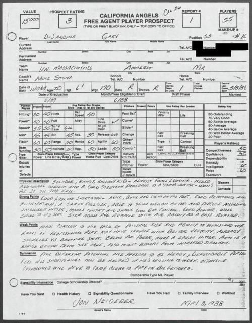 Gary Disarcina scouting report, 1988 May 08