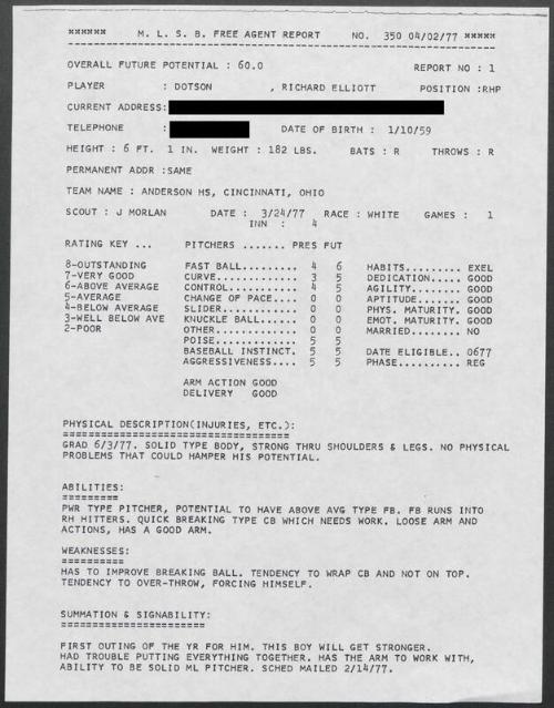 Richard Dotson scouting report, 1977 March 24