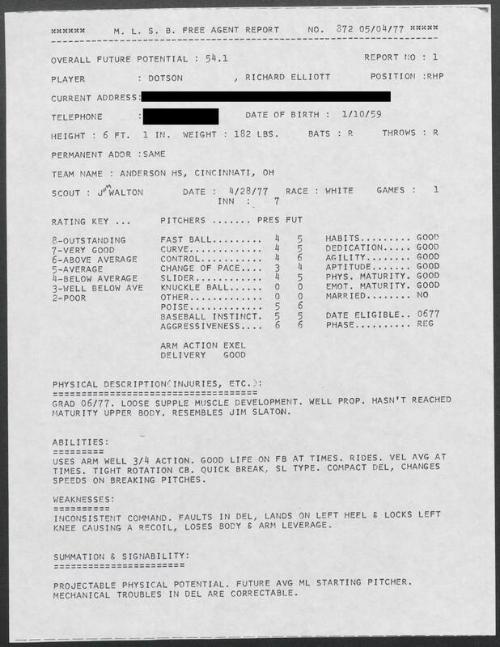 Richard Dotson scouting report, 1977 April 28