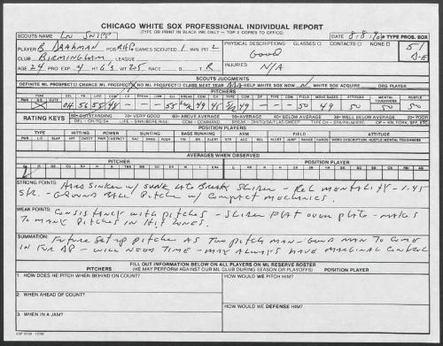 Brian Drahman scouting report, 1990 August 08