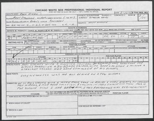 Brian Drahman scouting report, 1990 August 10