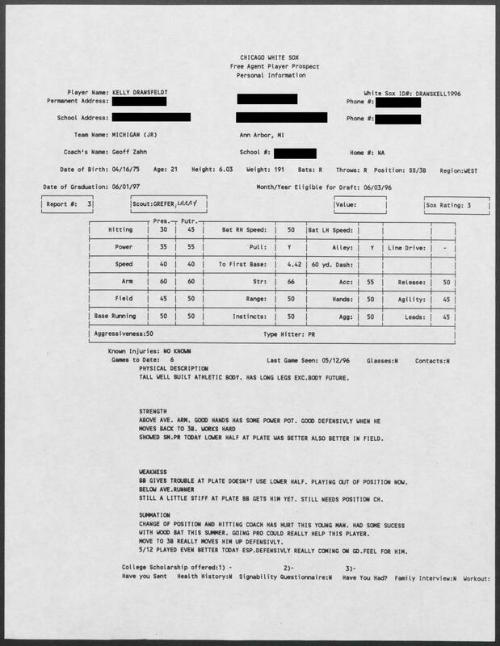 Kelly Dransfeldt scouting report, 1996 May 12