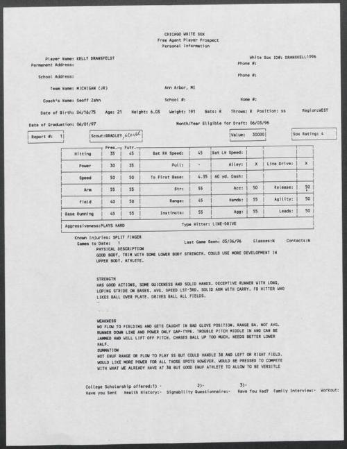 Kelly Dransfeldt scouting report, 1996 March 06