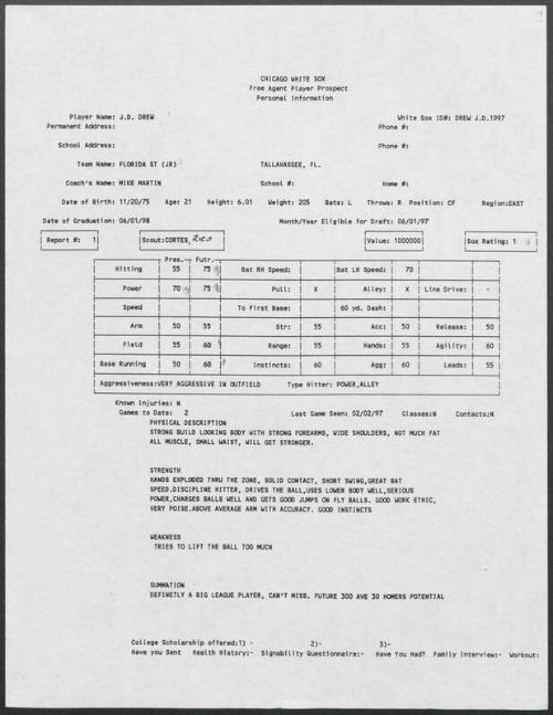 J.D. Drew scouting report, 1997 February 02