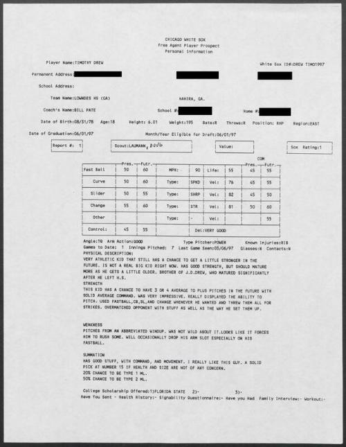 Tim Drew scouting report, 1997 March 06