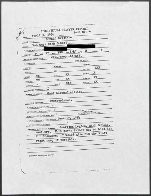 Don Drysdale scouting report, 1954 April 03