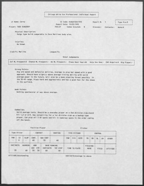 Todd Dunwoody scouting report, 1995 October 03