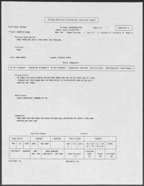 Roberto Duran scouting report, 1995 July 25