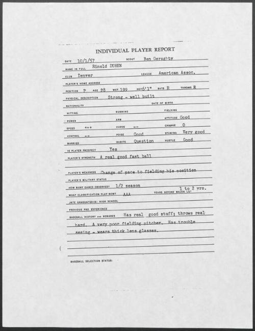 Ryne Duren scouting report, 1957 October 01