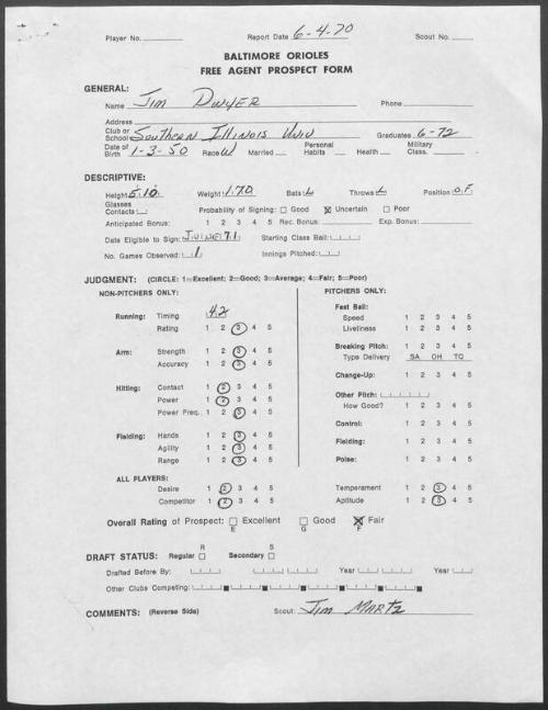 Jim Dwyer scouting report, 1970 June 04