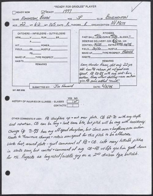 Brian Edmondson scouting report, 1995 June 05