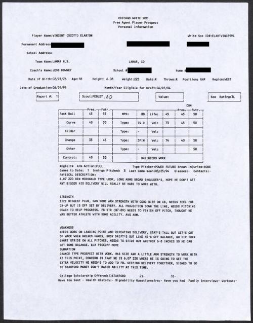 Scott Elarton scouting report, 1994 March 25