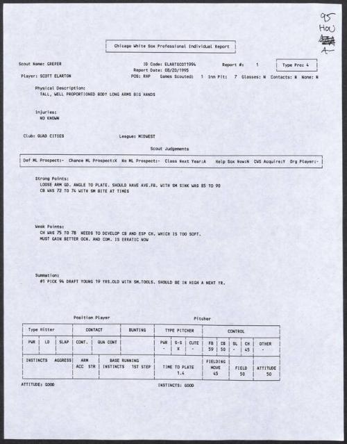 Scott Elarton scouting report, 1995 August 20